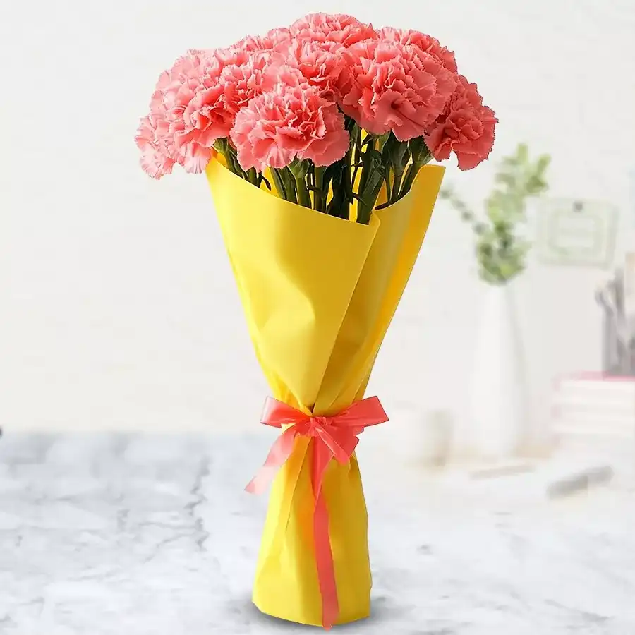 Bouquet of 12 pink carnations elegantly wrapped in tissue.