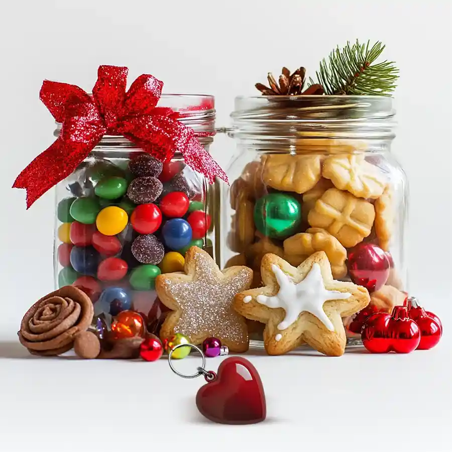 Zesty Winsome Package featuring two jars of candies and cookies alongside a heart-shaped key ring