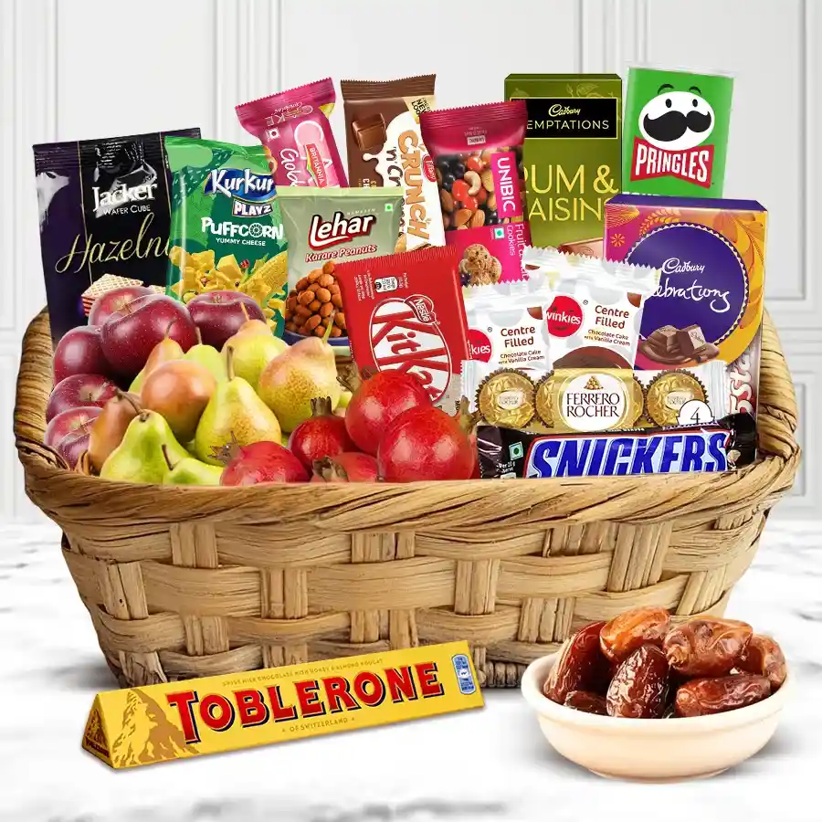 Joy of Togetherness Gift Hamper filled with fresh fruits, premium chocolates, savory snacks, and delightful treats, beautifully arranged.