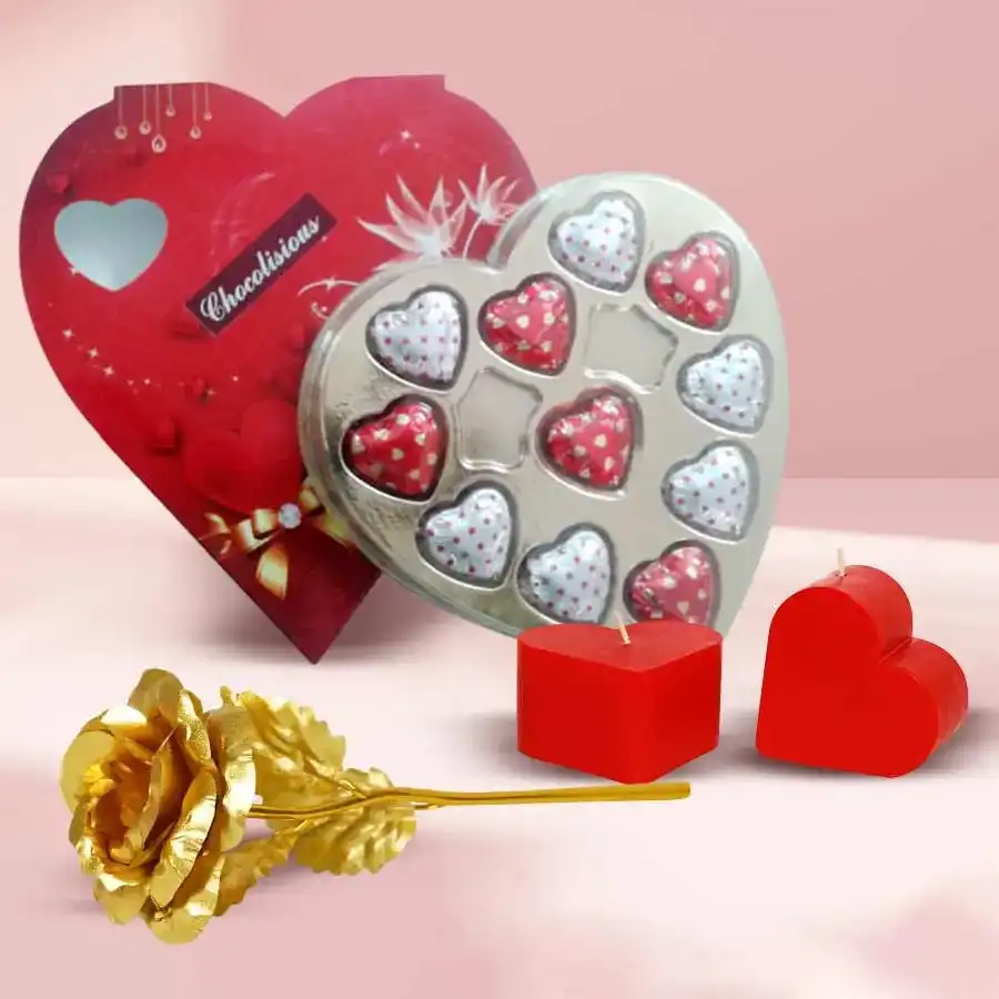 Fabulous Love Combo Gift featuring a golden rose, two love candles, and a pack of heart-shaped chocolates