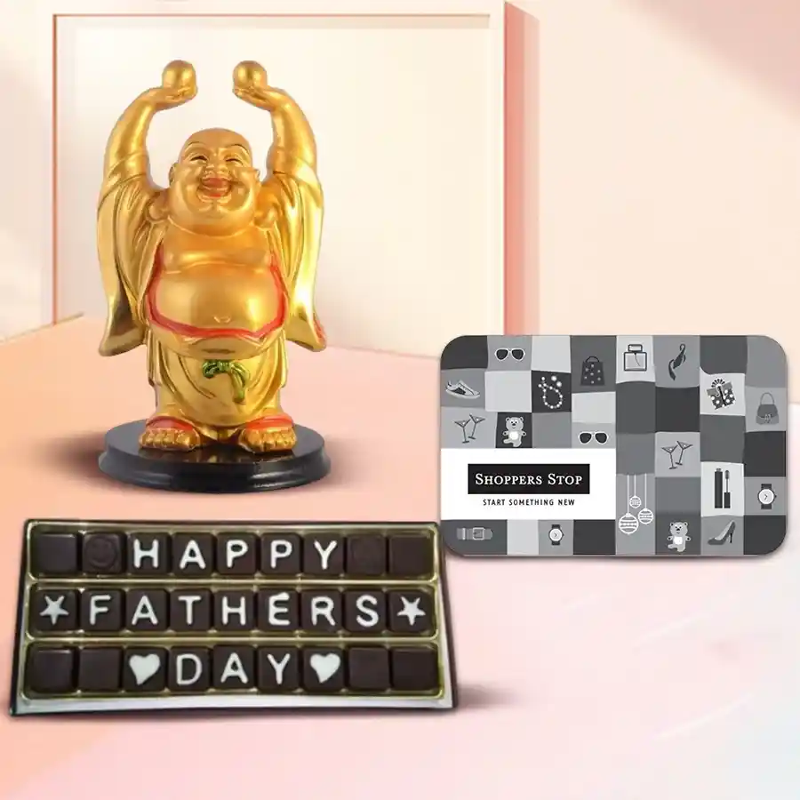 Fathers Day Gift Hamper featuring Laughing Buddha, Happy Father’s Day chocolates, and a ₹1000 Shoppers Stop e-voucher