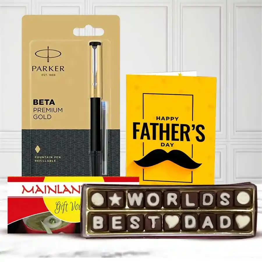 Gift bundle for Dad including homemade chocolates, a ₹1000 Dinner E-Voucher from Mainland China, and a stylish Parkar Pen.