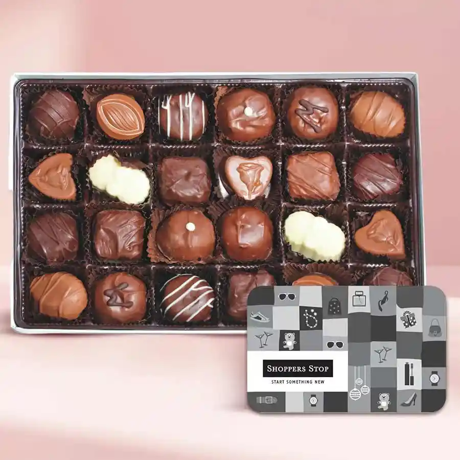 Exquisite gift package featuring a ₹1000 Shoppers Stop eVoucher and a selection of 24 homemade assorted chocolates.