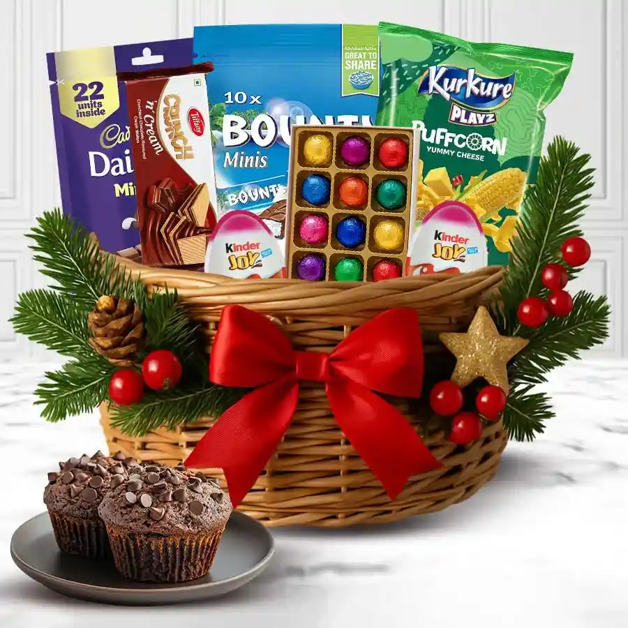 Exciting Christmas gift basket for kids filled with chocolates and snacks, presented in a festive cane basket