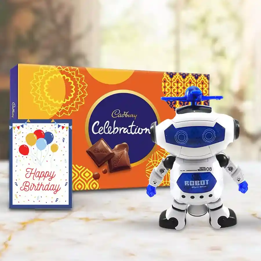 Wonderful Combo Gift for Kids Birthday featuring Cadbury Celebrations pack, vibrant birthday card, and battery-operated robot