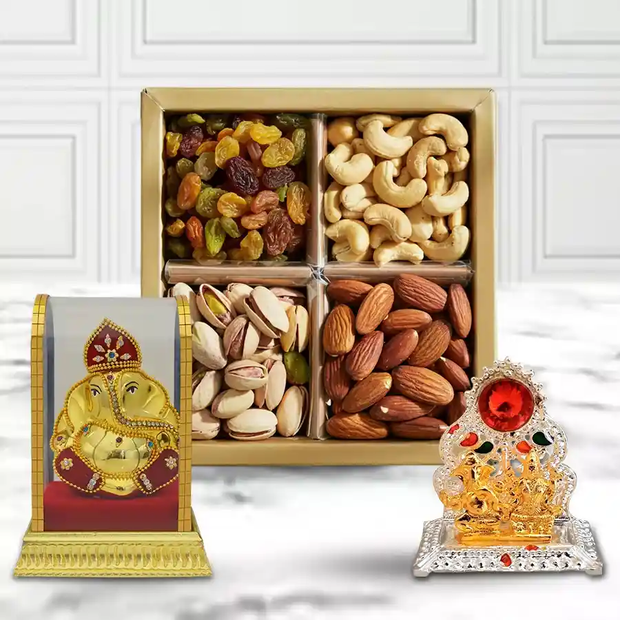 Delicious Dry Fruits Gift Box featuring Mandap and Vighnesh Ganesha Idol with almonds and cashews