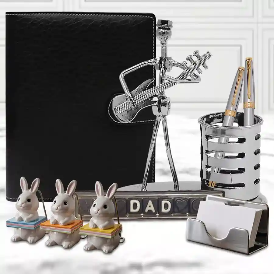 Special Gift Hamper for Dad including an Office Planner Diary, Parker Beta Ballpoint Pen, Metallic Visiting Card Holder, Designer Pen Stand, Bunny Paper Holder Clips, and handmade chocolates with a "DAD" message