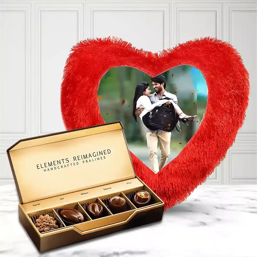 Delicious ITC chocolates alongside a heart-shaped personalized cushion gift set