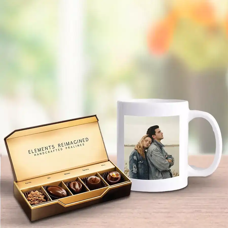 Personalized coffee mug with a photo and a box of 5 assorted chocolates from ITC