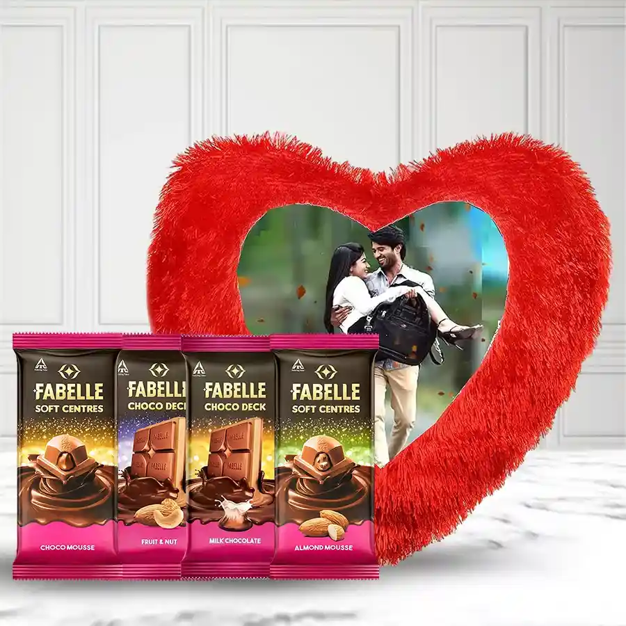 Yummy ITC Fabelle Chocolate Box with a personalized heart-shaped cushion designed with a custom photo