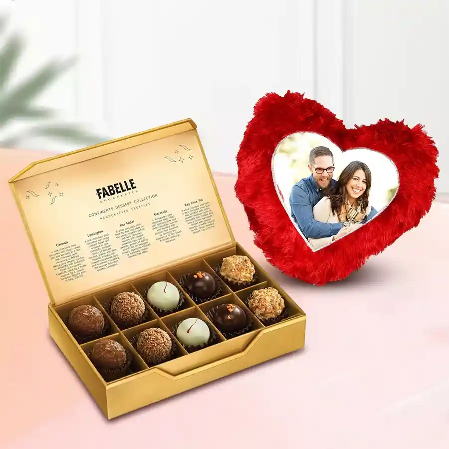 Personalized heart-shaped cushion next to a box of 10 ITC Premium Chocolates