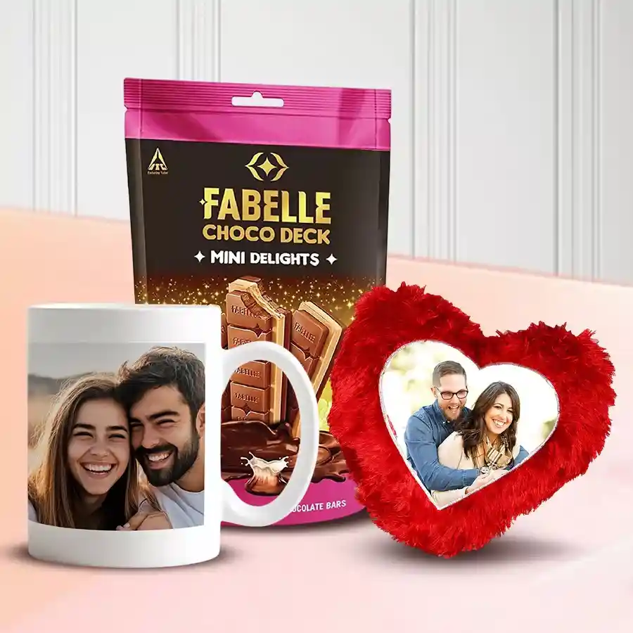 Elegant Combo Gift featuring a personalized heart-shaped cushion, custom coffee mug, and Fabelle Choco Deck Mini Delights pack.