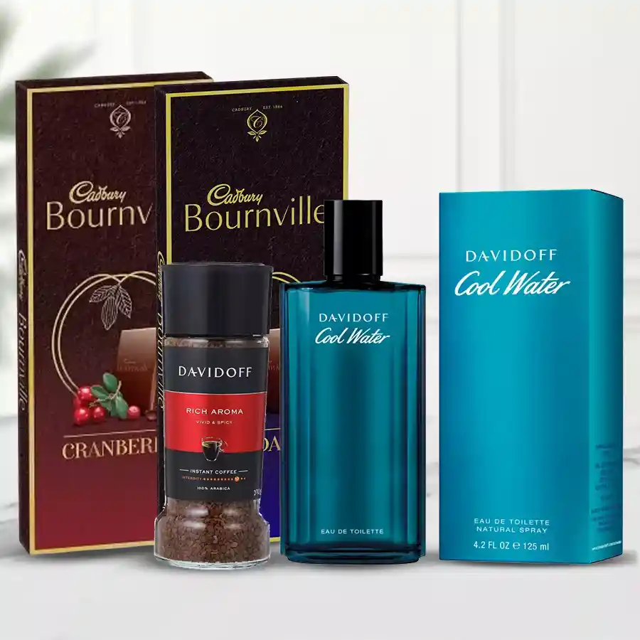 Chocolate Gift for Men hamper featuring Davidoff Cool Water Perfume, Davidoff Rich Aroma Coffee Powder, and Cadbury Bournville 50% Dark and Cranberry chocolates