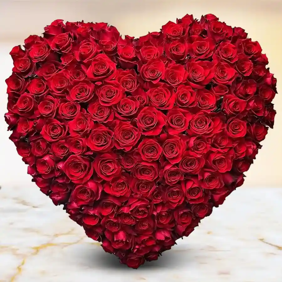 Heart-shaped arrangement of 150 red Dutch roses, symbolizing love and joy.