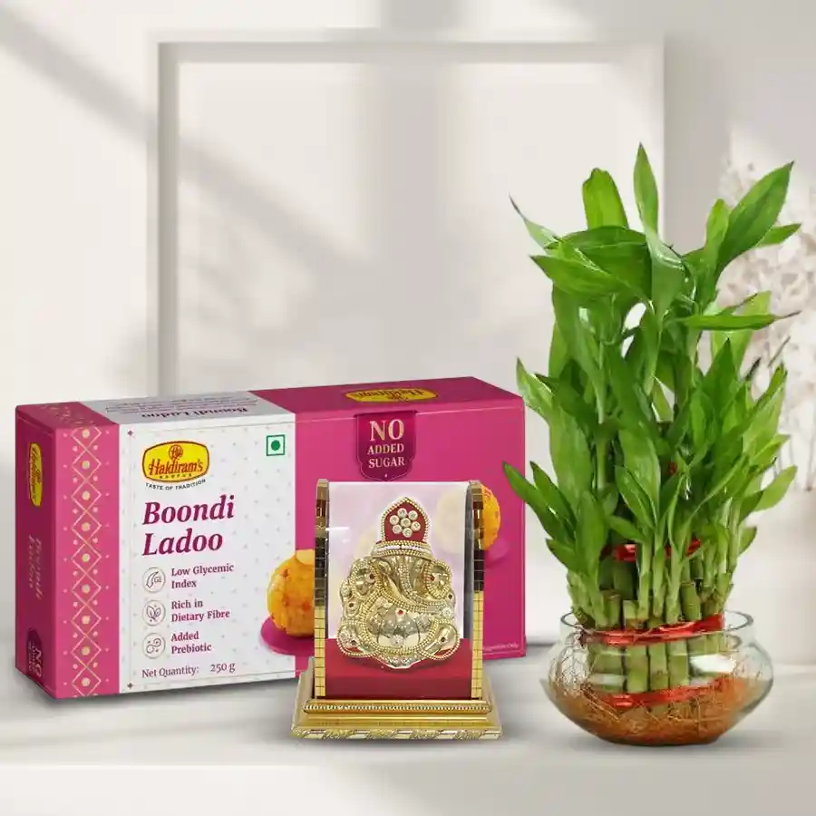 Good Luck Gift set featuring a two-tier Lucky Bamboo Plant, Vighnesh Ganesh Idol, and 250 grams of Boondi Ladoo arranged together.