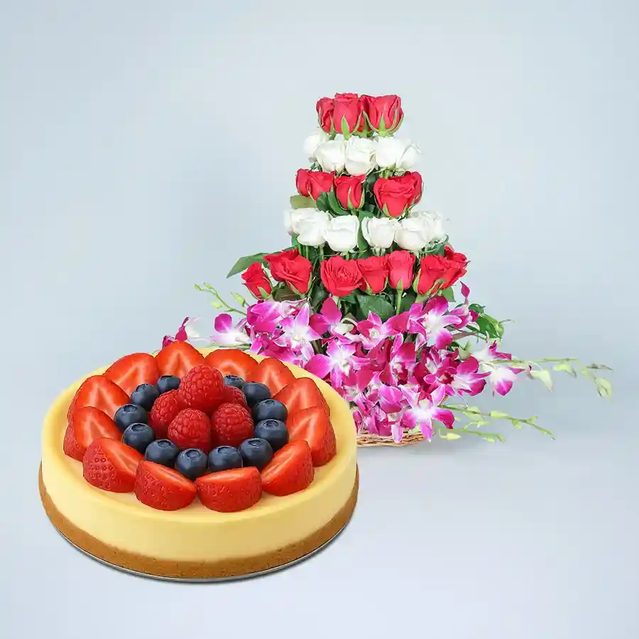 A scrumptious 1 kg Cheese Cake with a vibrant arrangement of 24 assorted flowers, perfect for gifting in Chennai.