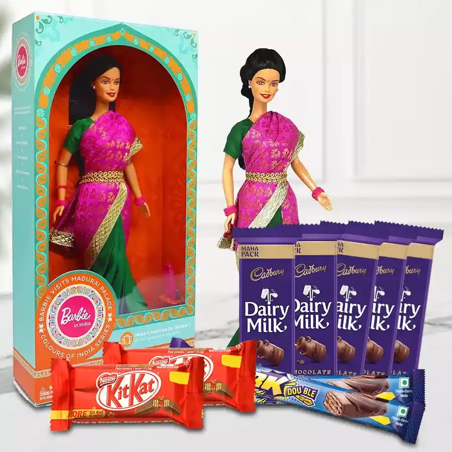 Assorted chocolates including Cadbury chocolates, Cadbury Perks, and Nestle KitKats in an elegant package