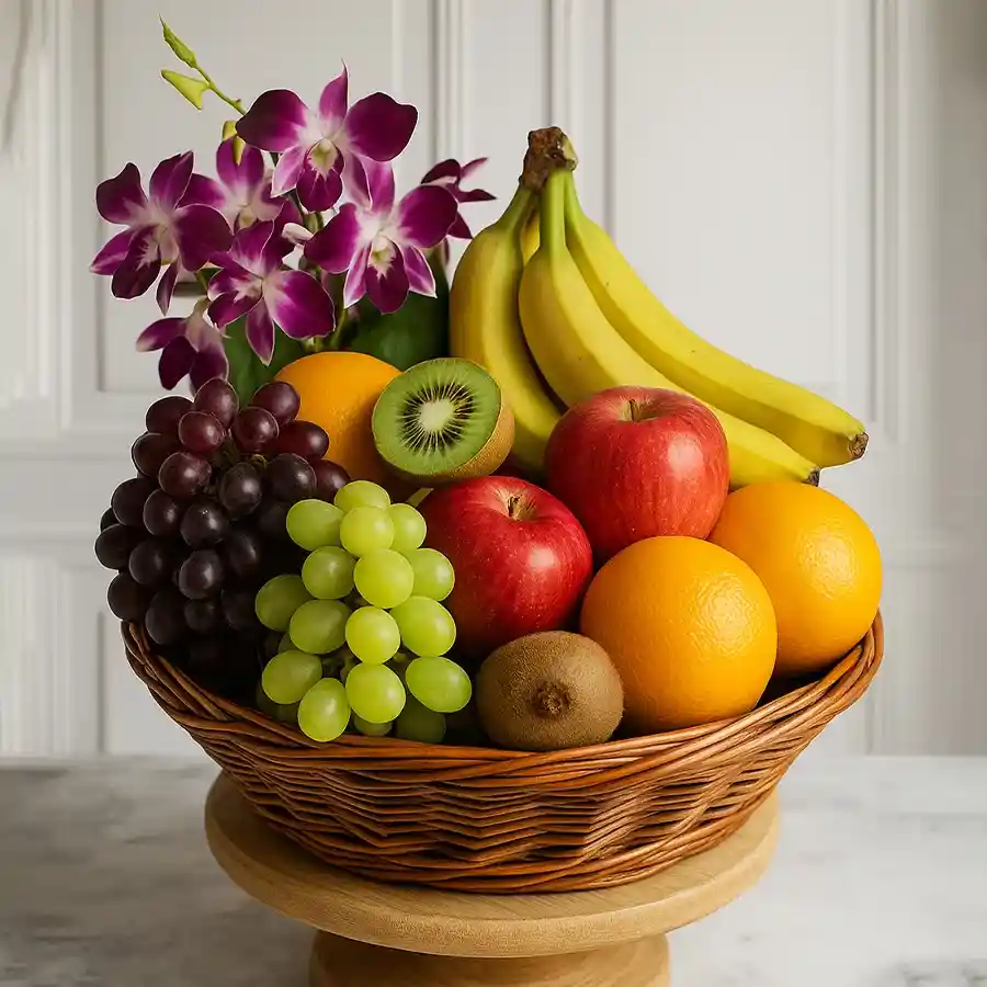 A beautiful gift basket filled with fresh fruits and three elegant orchids, ideal for special occasions.