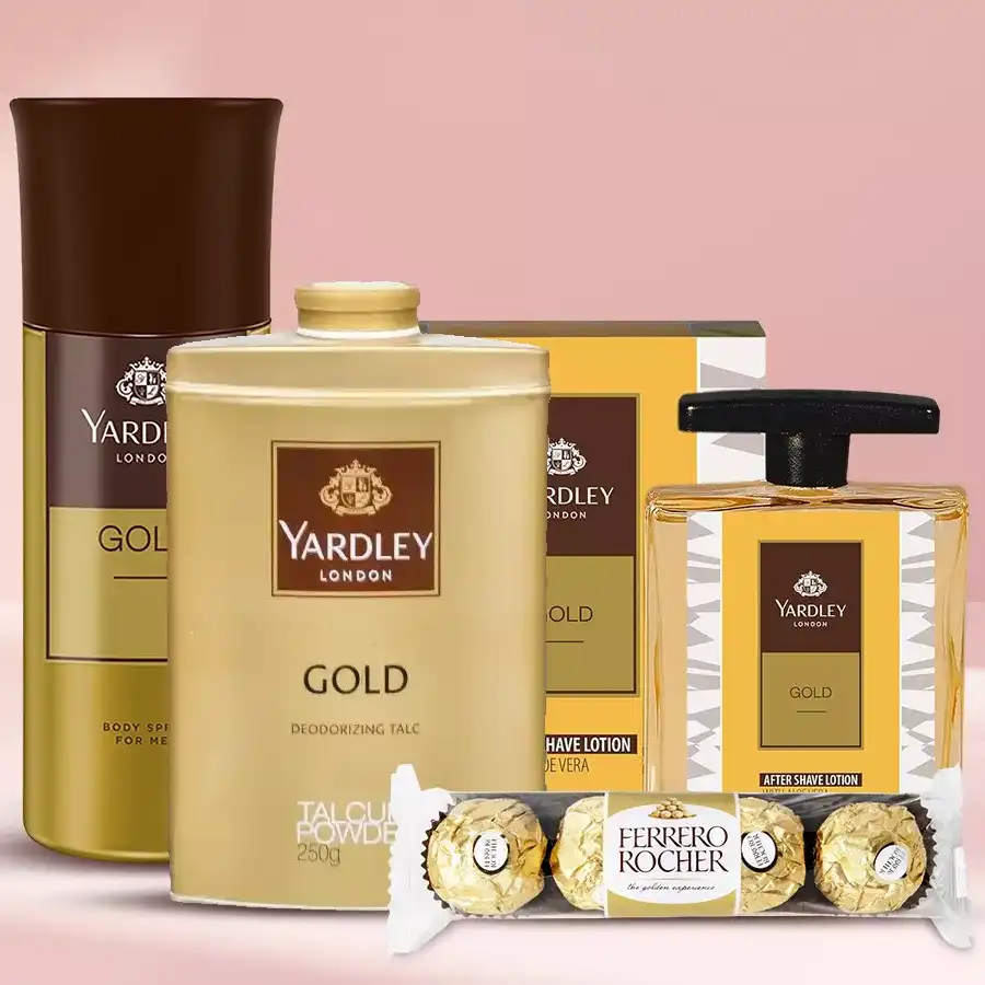 Yardley Grooming Set for Men with Ferrero Rocher chocolates, featuring deodorizing spray, talc, and aftershave in an elegant packaging.