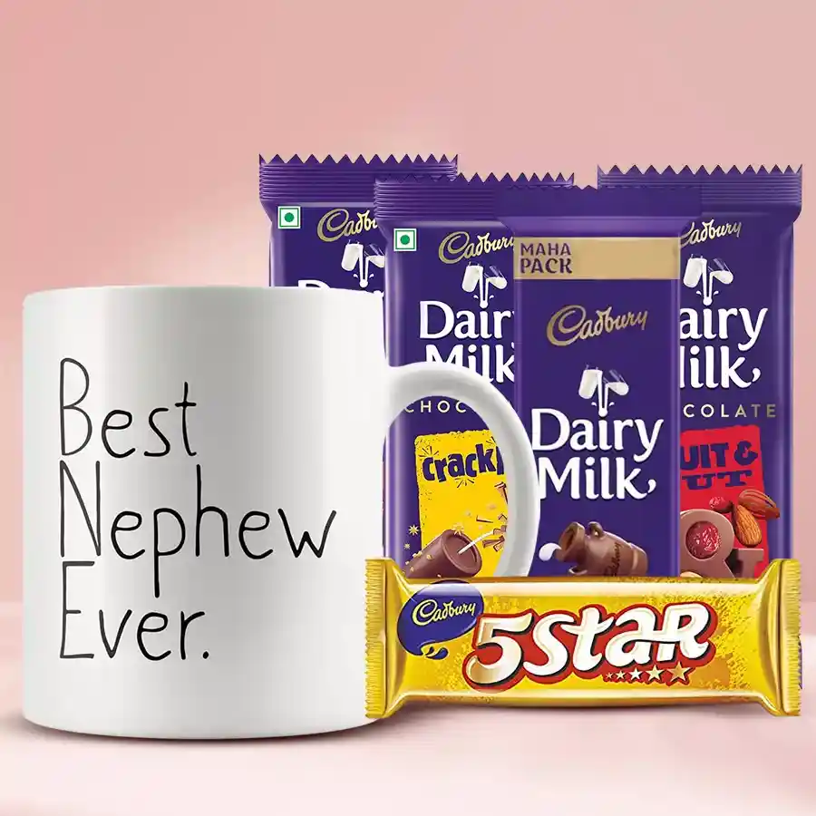 Gift bundle for nephew featuring a "Best Nephew Ever" coffee mug and an assortment of Cadbury chocolates.