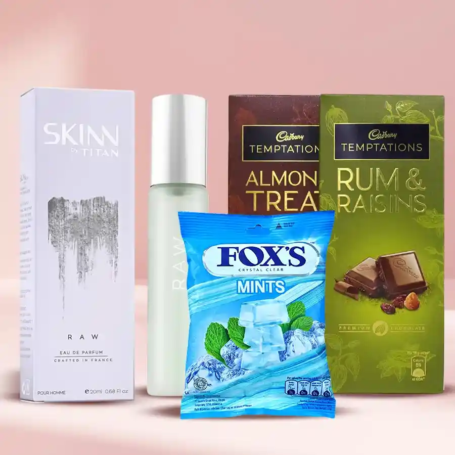 Skinn Perfume and chocolates hamper including Cadbury Temptations and Foxes Mint candies
