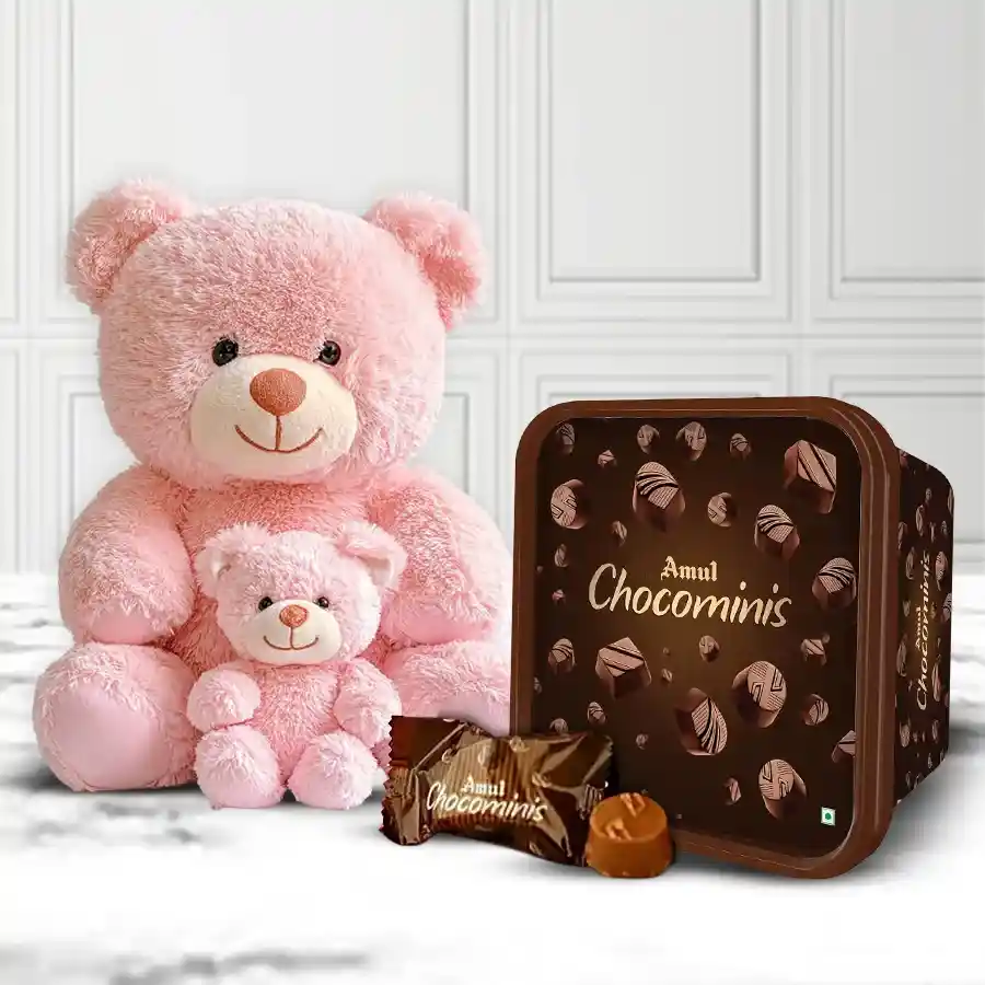 Birthday Delight package featuring a cuddly bear with a baby soft toy and a box of 30 Amul Chocominis milk chocolates