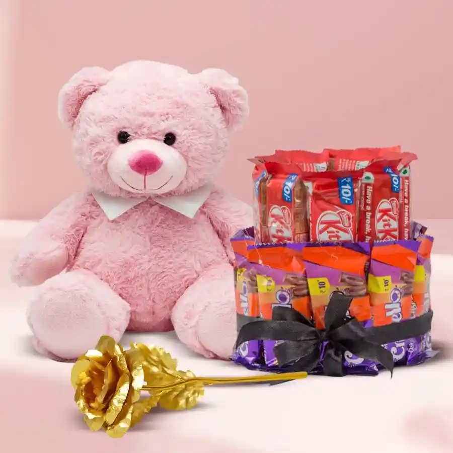 Premium teddy bear with a golden rose and a two-tier chocolate arrangement featuring Nestle KitKat and Cadbury Crispello.