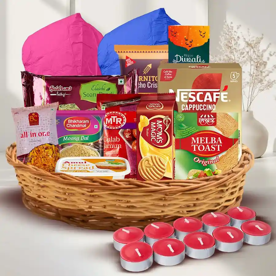 Diwali Celebration Gift Basket filled with Nescafe Cappuccino, Amul Cheese Dip, Haldiram sweets, flying lanterns, tea candles, and a reusable cane basket