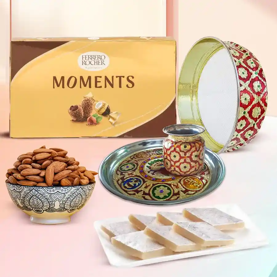 Exclusive Karwa Chauth Shagun Hamper featuring Meenakari Designer Pooja Thali, decorative chalni, Karwa Kalash, Ferrero Rocher chocolates, Kaju Katli, and premium almonds.