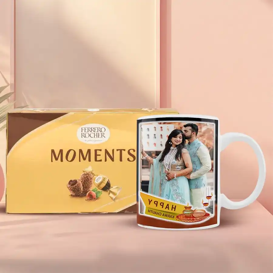 Personalized photo coffee mug with 16 Ferrero Rocher chocolates for Karwa Chauth celebration