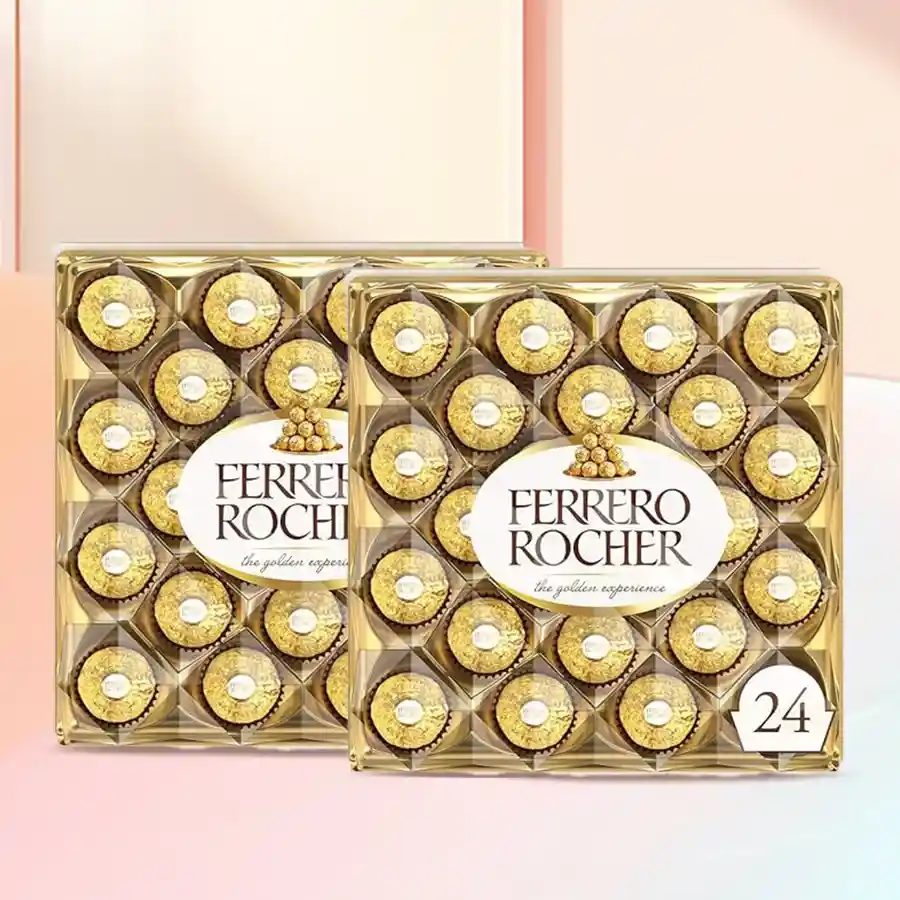 Luscious Ferrero Rocher Chocolate Box featuring two elegant boxes with 24 chocolate pieces each, showcasing their golden wrappers and festive appeal.