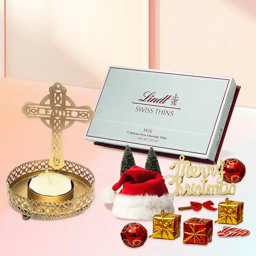 Lindt Chocos Christmas Decorations set featuring a pack of Swiss Thins Milk Chocolates and a Cross Tea Light Holder with a festive holiday theme.