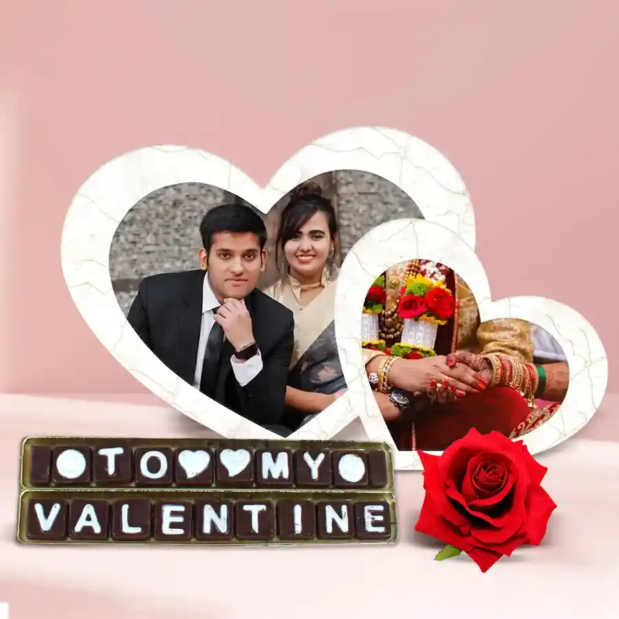 Beautiful Personalized Photo Gift Combo for Valentine with Twin Heart Photo Frame, SMS Chocolates, and Red Velvet Rose