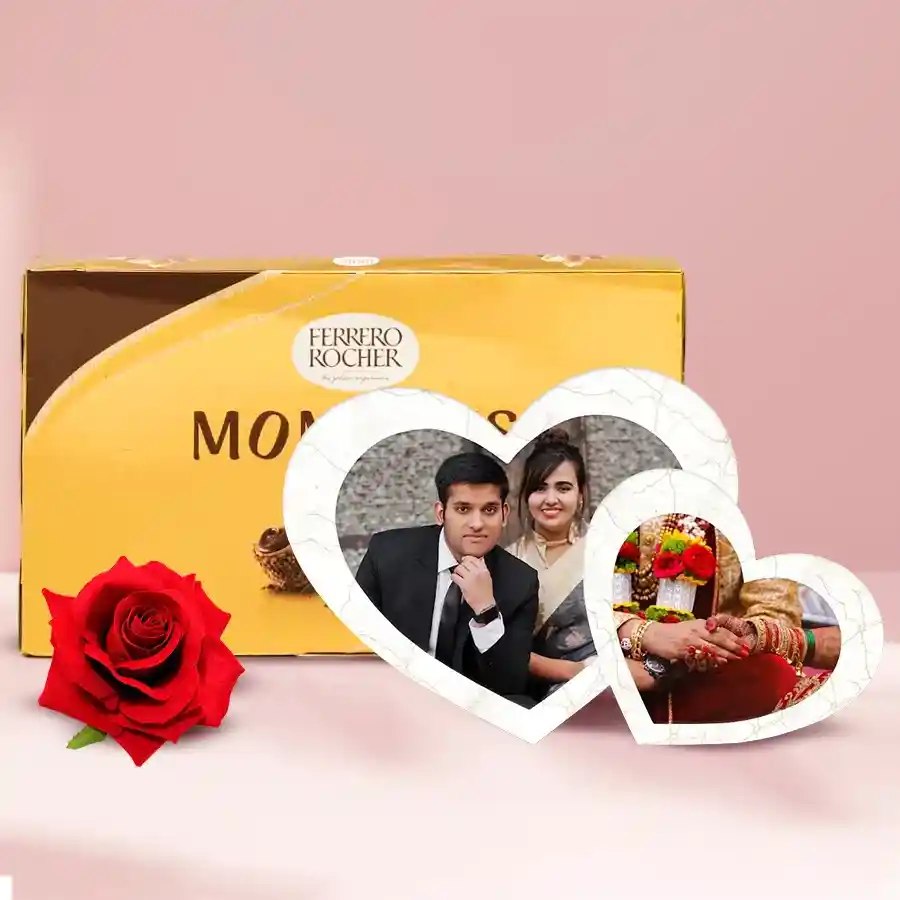 Delectable Chocolate and Personalized Photo Frame Gift Combo including Ferrero Rocher chocolates, customized twin heart photo frame, and red velvet rose