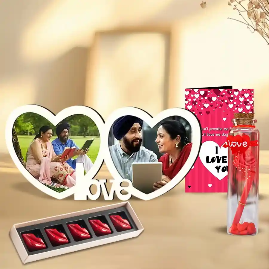 Personalized photo frame with dual heart design, handmade lip-shaped chocolates, "I Love You" card, and Love Message Bottle for Valentine's Day gift combo.