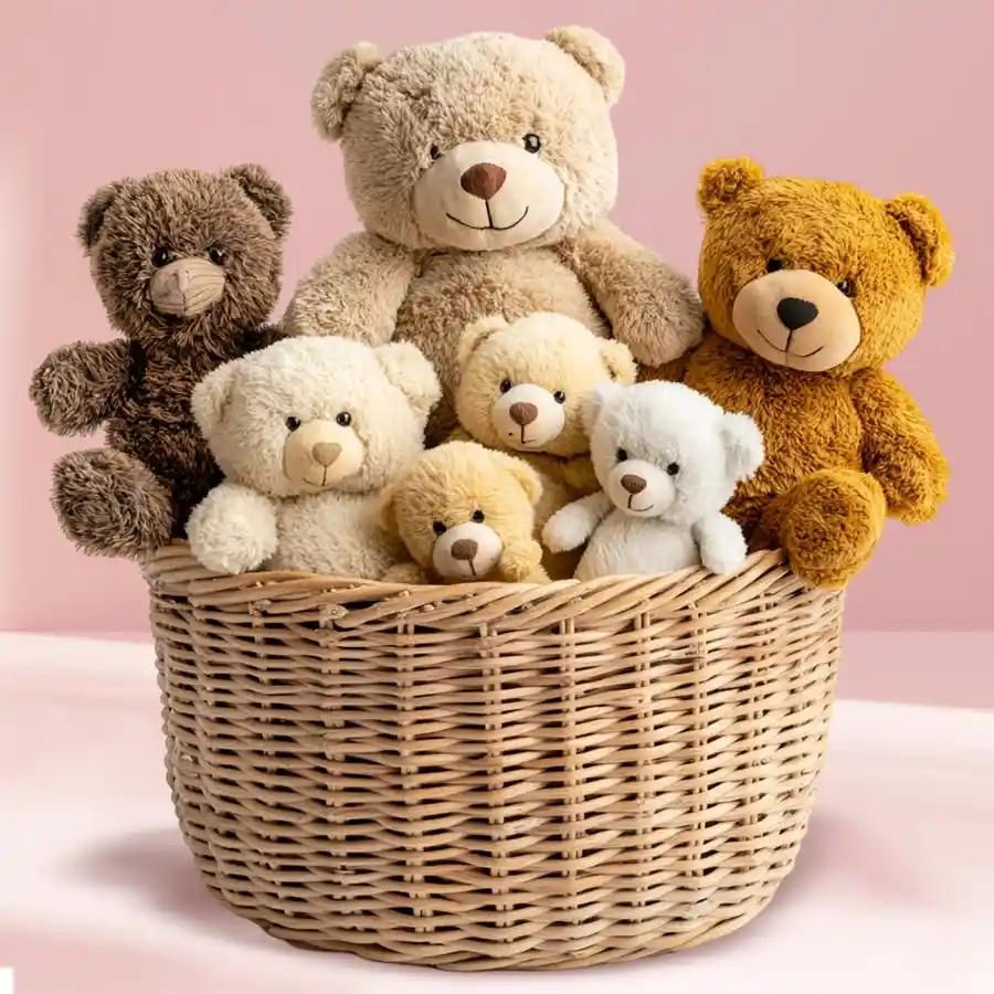 A beautifully arranged basket filled with seven adorable teddy bears of various sizes, including one large, one medium, and five petite bears, perfect for a Valentine's Day gift.