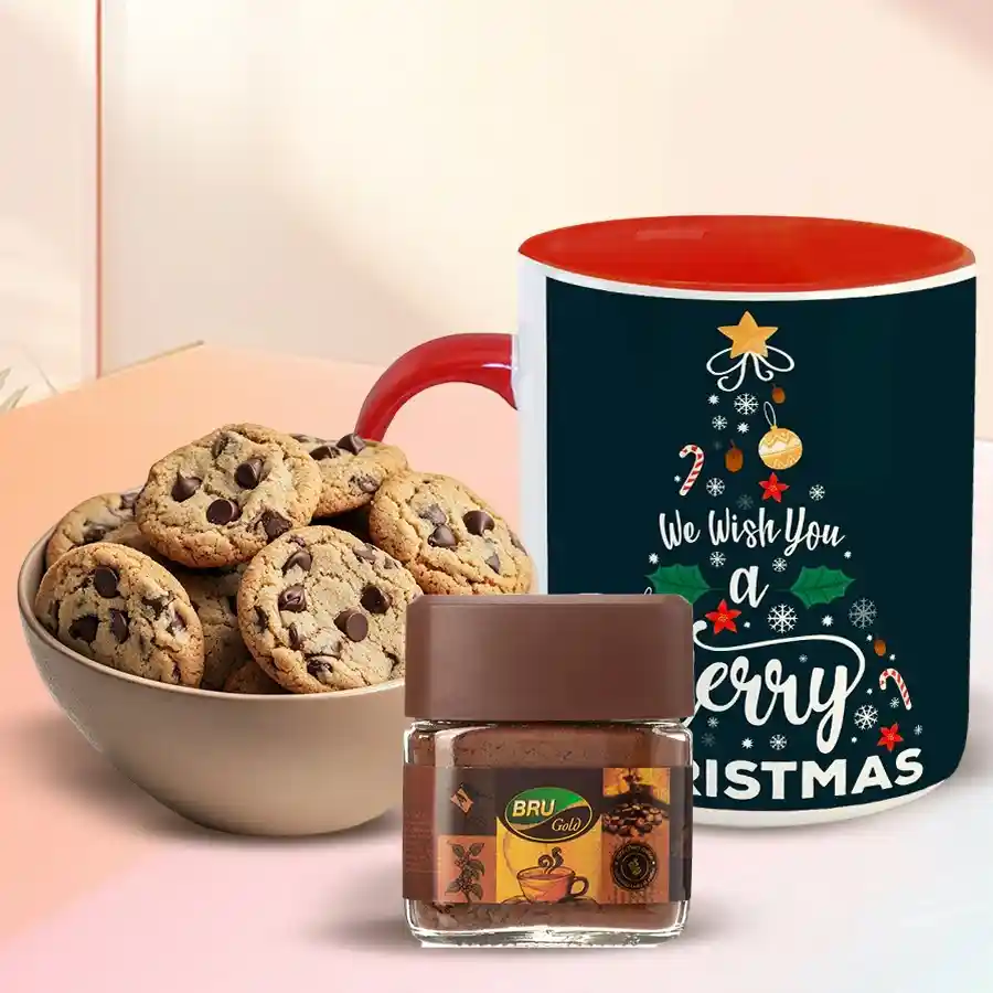 Ideal Xmas Coffee Hamper featuring Choco Chip Cookies, Bru Gold Instant Coffee, and a personalized Merry Christmas black mug.
