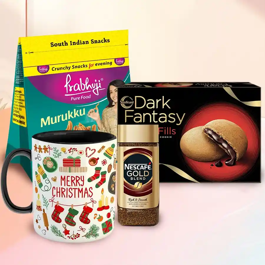 Xmas Evening Delight Hamper featuring Nescafe Gold Blend Coffee, Prabhuji Haldiram Murukku, Sunfeast Dark Fantasy Choco Fill Cookies, and a personalized Merry Christmas mug