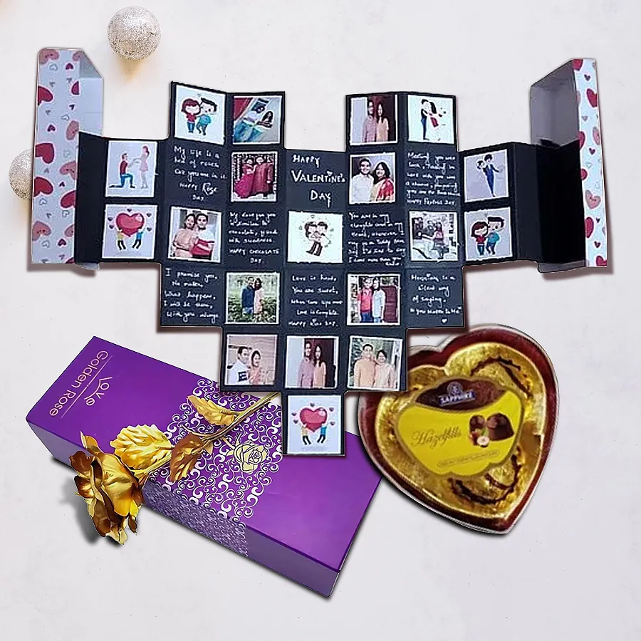 Fabulous Pop Heart Personalized Card featuring heart-shaped sapphire chocolates and a golden rose, decorated with photos and messages for Valentine's Day.
