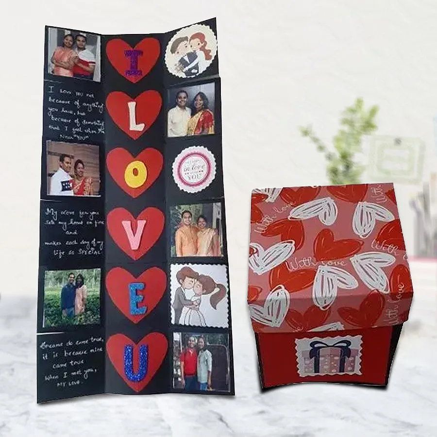 Personalized explosion card featuring 5 photos and 3 custom messages for Valentine's Day