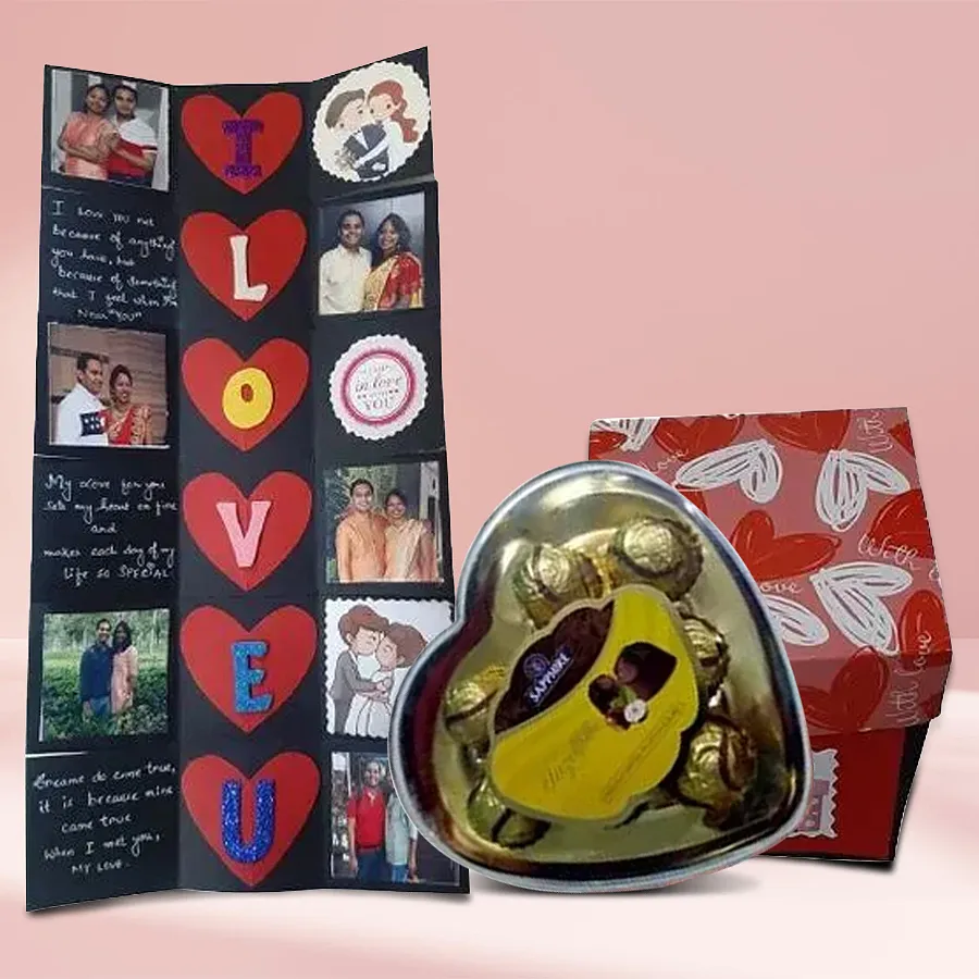 Personalized explosion card with heart shape sapphire chocolates for a romantic occasion