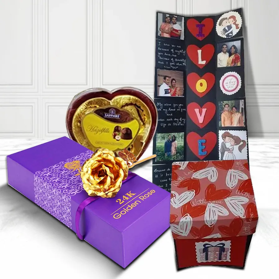 Stylish Love Infinity Personalized Card with heart-shaped sapphire chocolate box and golden rose, celebrating love on Valentine's Day
