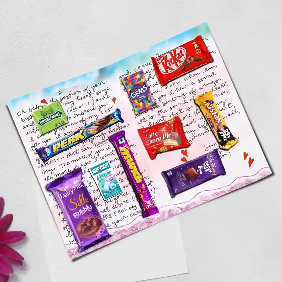 Assorted chocolates and a message card presented in an elegant arrangement