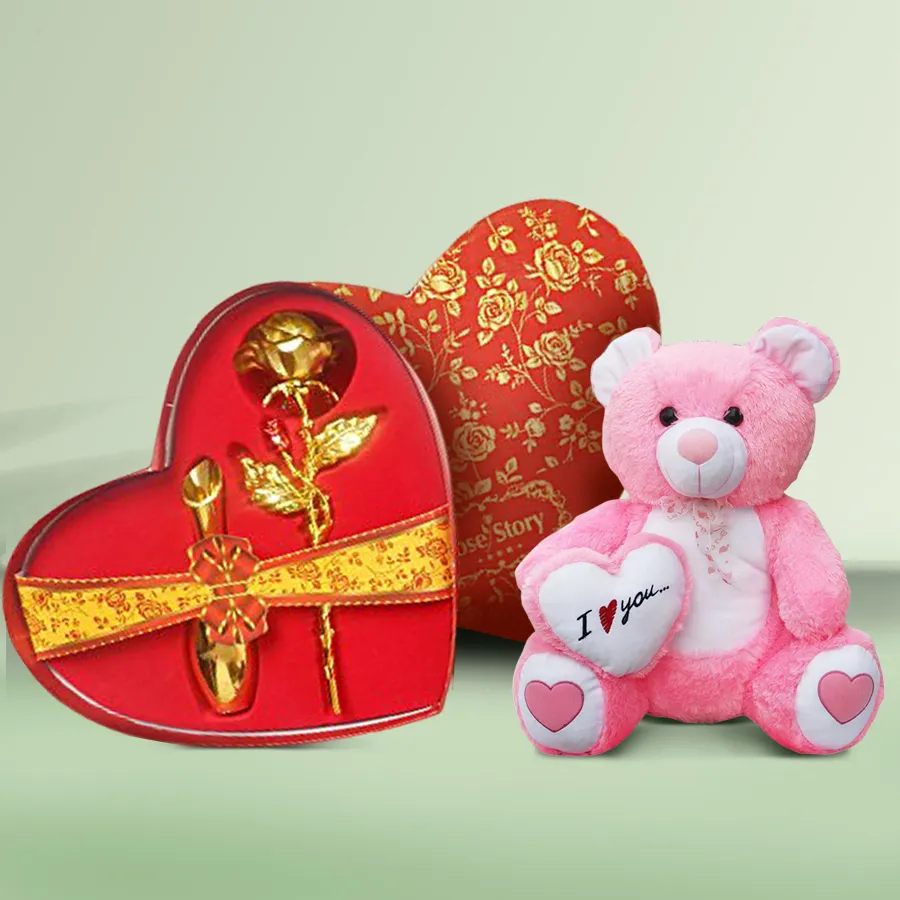 Marvelous Golden Rose Heart Box with a 9-inch teddy bear standing on a heart-shaped base