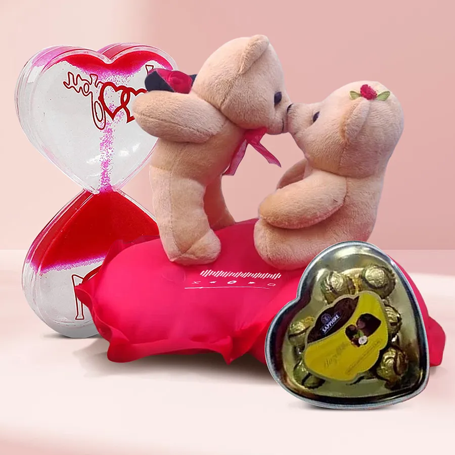 Exclusive Singing n Kissing Teddy with a Love Timer and Sapphire Chocolate Heart Box, featuring a 9-inch couple on a heart, chocolate box, and a romantic timer.