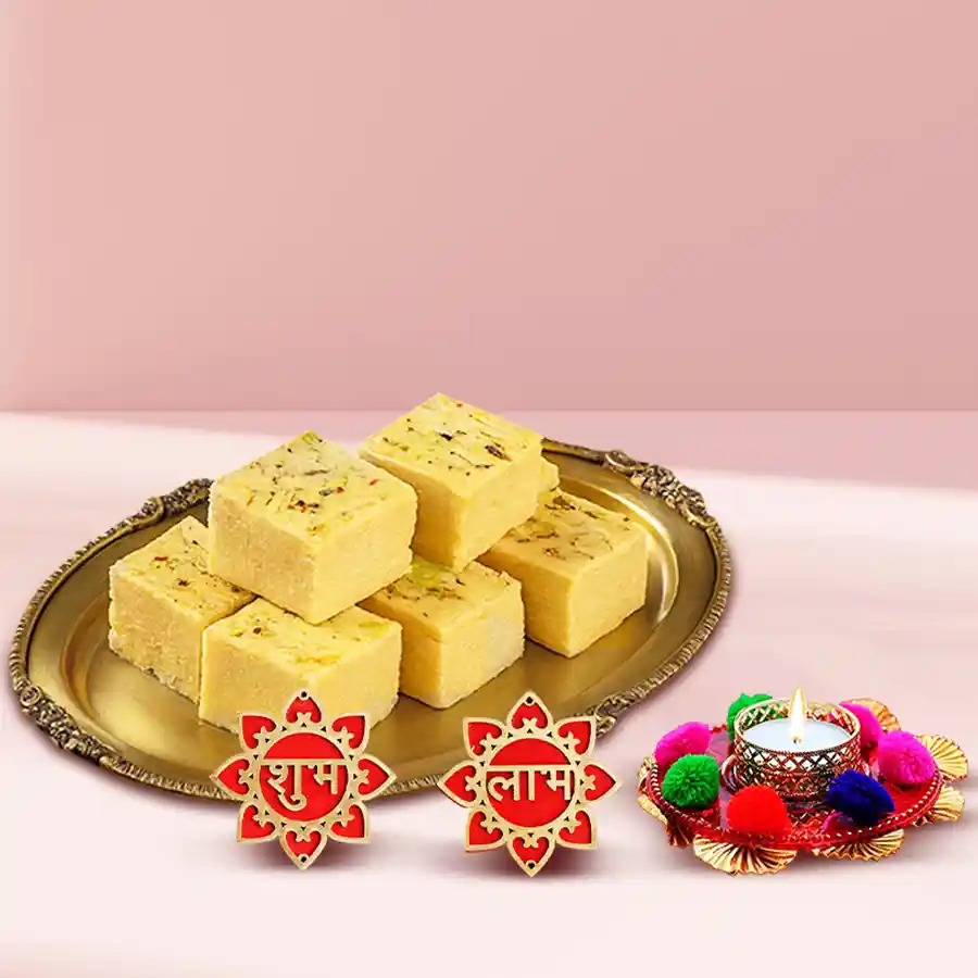 Special Soan Papdi Sweetness gift combo featuring 200g Soan Papdi, Shubh Labh wall sticker, and an elegant tea light candle holder against a festive backdrop.