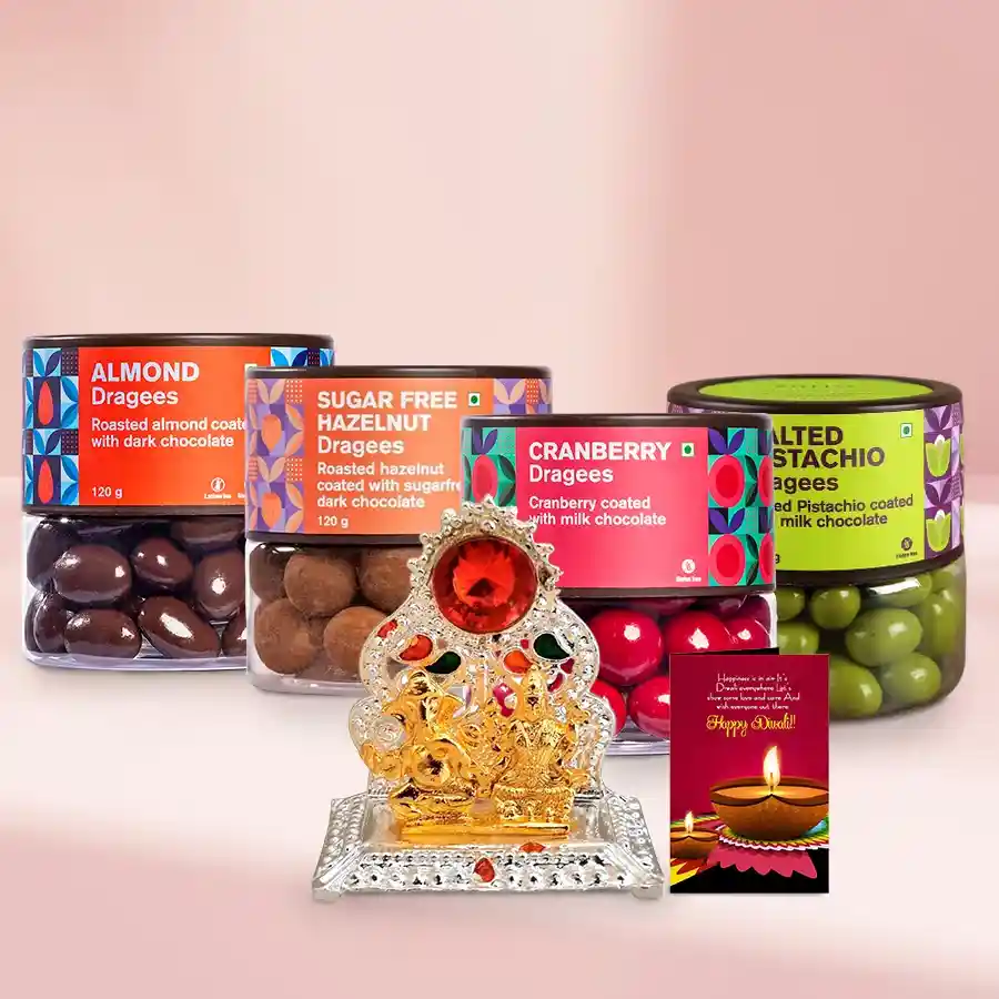 Super-sorted Dragee Set for Diwali featuring almond, pistachio, sugar-free hazelnut, and cranberry dragees, a Ganesh Laxmi Mandap, and a Diwali Gift Card.