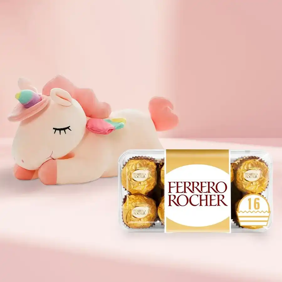 Lovely Unicorn Soft Toy and Ferrero Rocher chocolate box combo on a light background