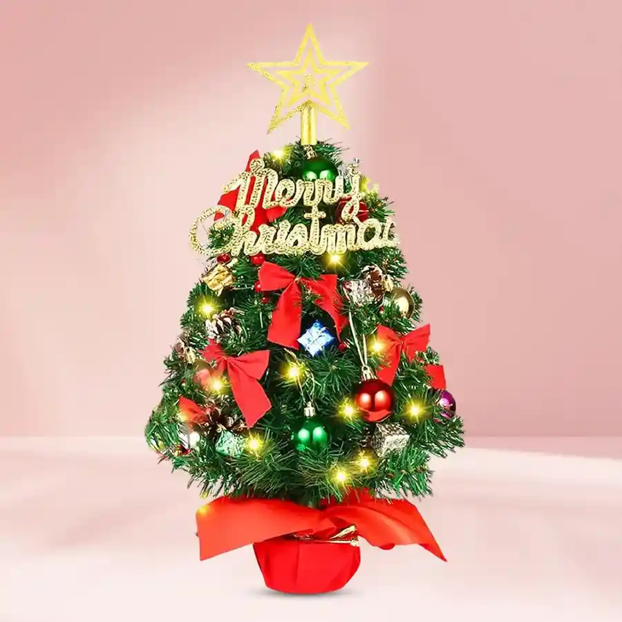 A charming display of two 2-foot Christmas trees adorned with festive decorations, creating a warm holiday atmosphere.