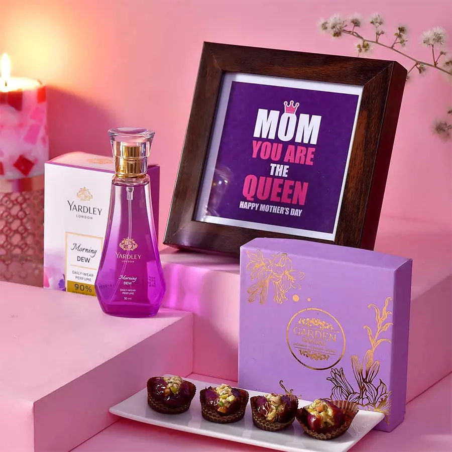 Queen Mom Pamper Hamper featuring a photo frame, Yardley London Morning Dew Perfume, and Garden Bakery Date Baklawa